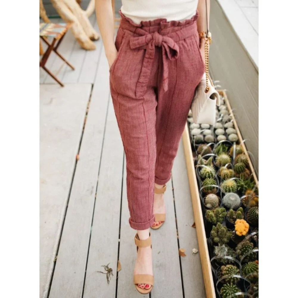 Free People Pink Wild Coast Paperbag High Waist Crop Pants - 29351
